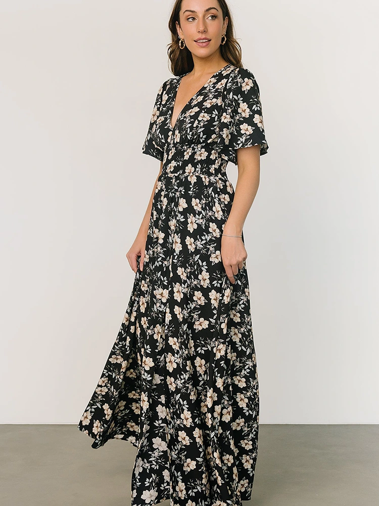 Floral Print Chiffon V-Neck Maxi Dress