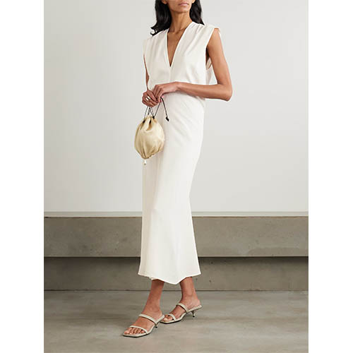 Rochie midi, croită, fără mâneci, în V adânc